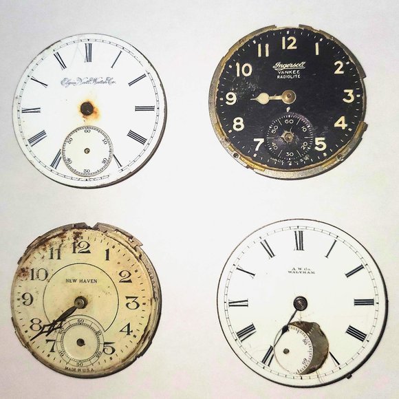 4 Vintage Pocket Watch Faces/Dials Porcelain Brass Movement Part Gears Steampunk - Picture 1 of 10